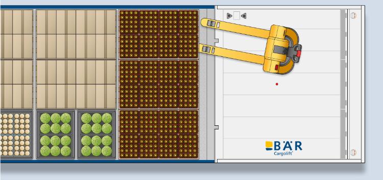 Graficzny widok z góry pojazdu z wieloma ładunkami i otwartą platformą windy załadowczej z wózkiem paletowym