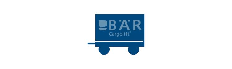 Niebieski piktogram przedstawia przyczepę z obrotnicą z boku z logo Bar Cargolift