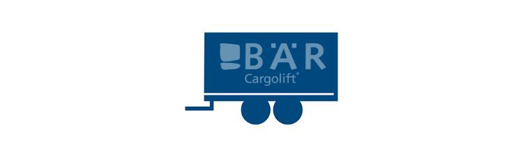 Niebieski piktogram przedstawia przyczepę z osią centralną z boku z logo Bar Cargolift