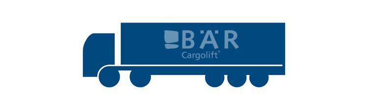 Niebieski piktogram przedstawia naczepę z boku z logo Bar Cargolift