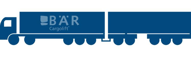Niebieski piktogram przedstawia zestaw naczepa-naczepa z boku z logo Bar Cargolift