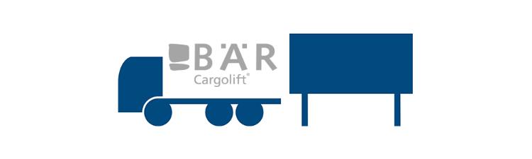 Niebieski piktogram przedstawia system z nadwoziem wymiennym BDF z boku z logo Bar Cargolift