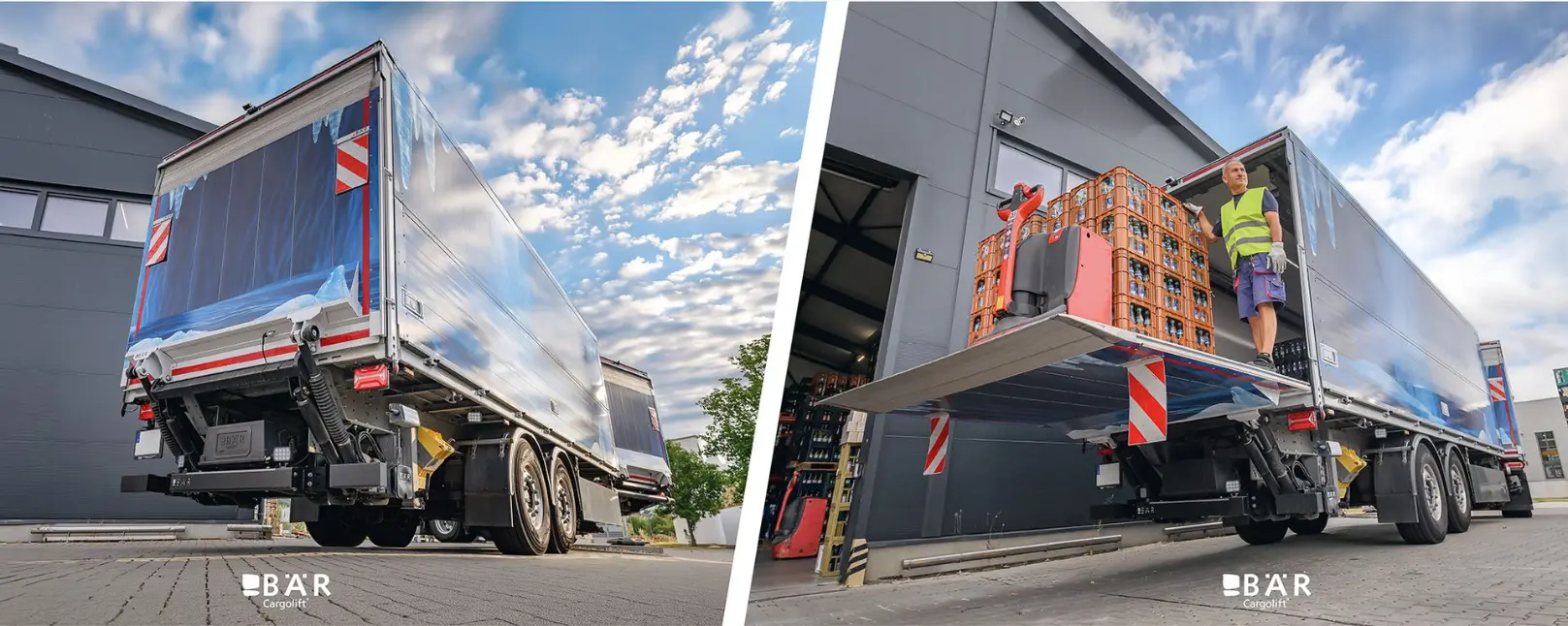 Rozładunek palet z napojami za pomocą wózka paletowego przez windę Bar Cargolift zamontowaną na przyczepie zestawu